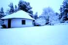 Snow falls in winter at Lothlorien Cottage in Hogsback, South Africa